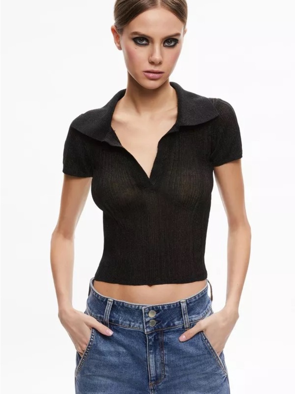 Alice + Olivia Martha metallic Black Ribbed Short-Sleeve Polo Crop Top